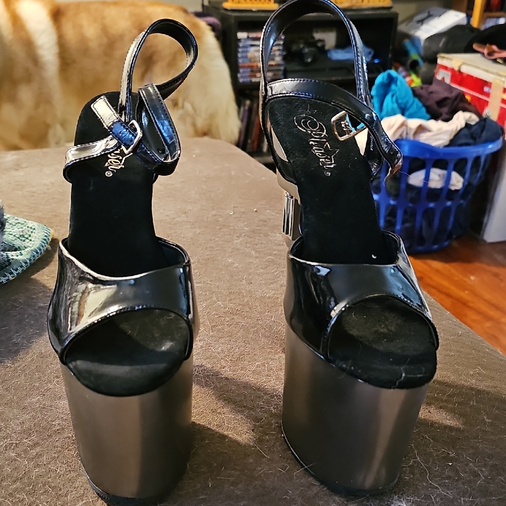 Pleaser Black and Silver High Heeled Platform Sandals